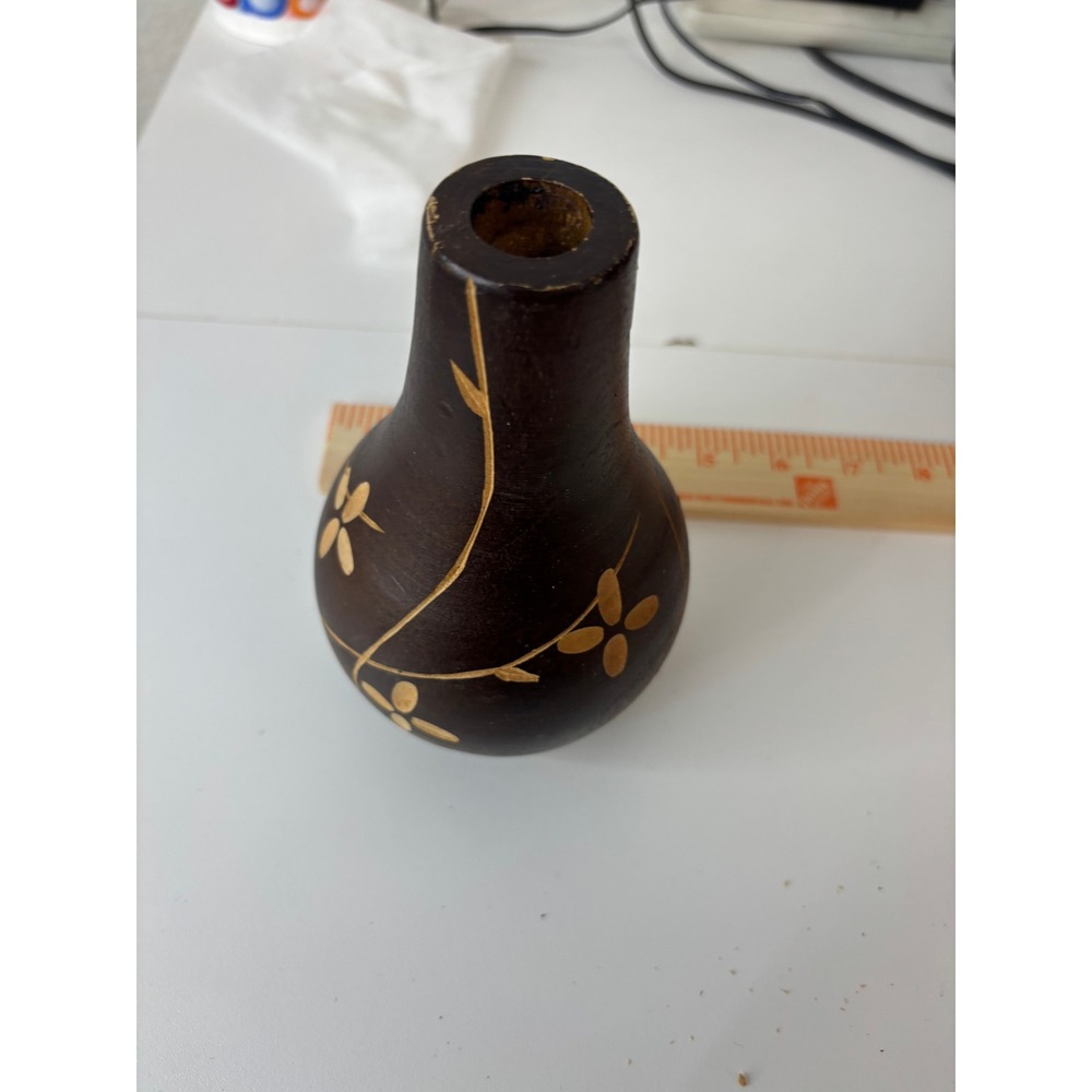 Hand Carved Wooden Bud Vase Dark Brown Floral Etched Decorative Small Boho 4.5in
